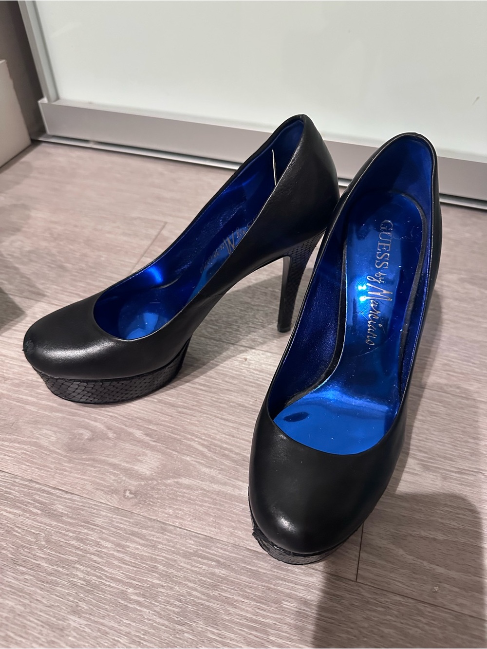 Guess by Marciano Black Platform Pumps with Metallic Blue Interior